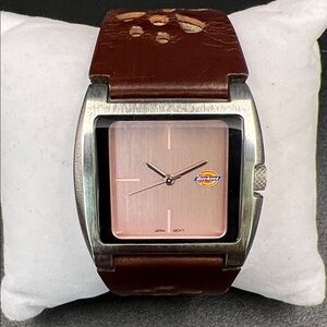 Dickies Pink Dial Brown Leather Strap Square 8.5” Women’s Watch - New Battery